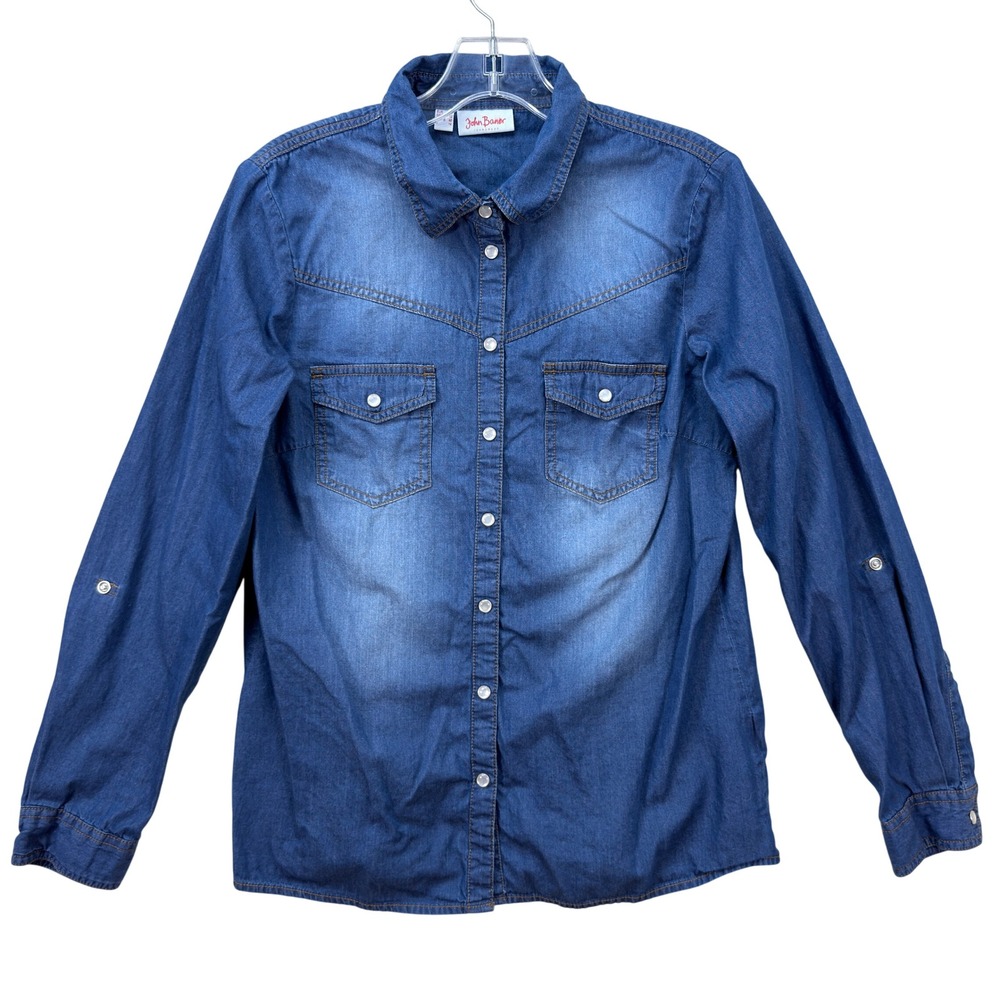 John Baner Womens Pearl Snap Denim Shirt Size 12 Western Utility Cowgirl Pockets